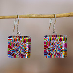 Decoupage dangle earrings, 'Otomi Embroidery' - Decoupage on Glass Otomi Tenango Embroidery Dangle Earrings