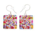 Decoupage dangle earrings, 'Otomi Embroidery' - Decoupage on Glass Otomi Tenango Embroidery Dangle Earrings