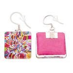 Decoupage dangle earrings, 'Otomi Embroidery' - Decoupage on Glass Otomi Tenango Embroidery Dangle Earrings