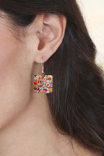Decoupage dangle earrings, 'Otomi Embroidery' - Decoupage on Glass Otomi Tenango Embroidery Dangle Earrings