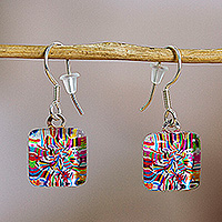 Decoupage dangle earrings, 'Petite Otomi Embroidery' - Decoupage on Glass Earrings with Otomi Embroidery Motif