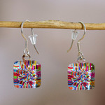 Decoupage dangle earrings, 'Petite Otomi Embroidery' - Decoupage on Glass Earrings with Otomi Embroidery Motif