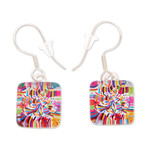 Decoupage dangle earrings, 'Petite Otomi Embroidery' - Decoupage on Glass Earrings with Otomi Embroidery Motif