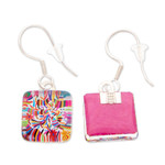 Decoupage dangle earrings, 'Petite Otomi Embroidery' - Decoupage on Glass Earrings with Otomi Embroidery Motif