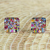 Decoupage stud earrings, Otomi Embroidery