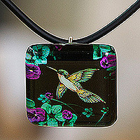 Decoupage pendant necklace, 'Hummingbird Nature' - Decoupage on Glass Hummingbird Pendant Necklace