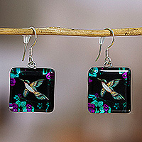 Decoupage dangle earrings, 'Hummingbird Nature' - Decoupage on Glass Hummingbird-Themed Dangle Earrings