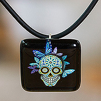 Decoupage pendant necklace, 'Butterfly Catrina' - Decoupage on Glass Day of the Dead Catrina Pendant Necklace