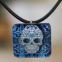 Decoupage pendant necklace, 'Stunning Skull' - Decoupage on Glass Day of the Dead Skull Pendant Necklace