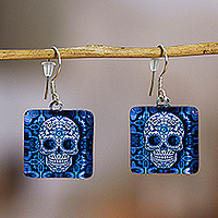 Decoupage dangle earrings, 'Stunning Skull' - Decoupage on Glass Blue White Skull-Themed Dangle Earrings