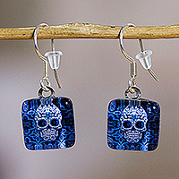 Decoupage dangle earrings, 'Petite Stunning Skull' - Decoupage on Glass Dangle Earrings with Skull Motif in Blue