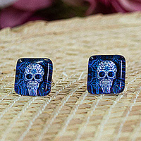 Decoupage stud earrings, 'Stunning Skull' - Skull-Themed Blue and White Decoupage on Glass Stud Earrings