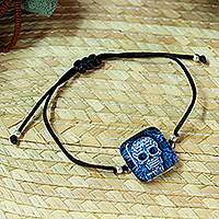 Decoupage pendant bracelet, 'Stunning Skull' - Decoupage on Glass Bracelet with Blue Skull-Themed Pendant