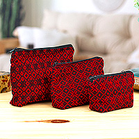 Cotton cosmetic bags, 'Romantic Times' (set of 3) - Patterned Red and Black 3-Piece Cotton Cosmetic Bag Set