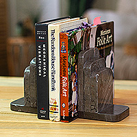 Marble bookends, 'Illustrious Shadows' (pair) - Modern Handcrafted Dark Grey Natural Marble Bookend Pair