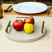 Marble tray, 'Ethereal Treats' - Fair Trade Minimalist Ivory Marble Tray with Golden Handles