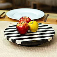 Marble rotating centerpiece, 'Cosmopolitan Banquet' - Striped Modern Black and White Marble Rotating Centerpiece