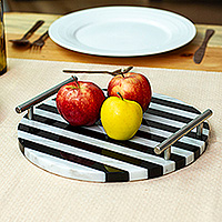 Marble tray, 'Cosmopolitan Treats' - Striped Black and White Marble Tray with Silver Grey Handles