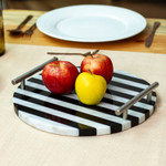 Marble tray, 'Cosmopolitan Treats' - Striped Black and White Marble Tray with Silver Grey Handles