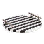 Marble tray, 'Cosmopolitan Treats' - Striped Black and White Marble Tray with Silver Grey Handles