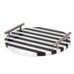 Marble tray, 'Cosmopolitan Treats' - Striped Black and White Marble Tray with Silver Grey Handles