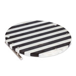 Marble tray, 'Cosmopolitan Treats' - Striped Black and White Marble Tray with Silver Grey Handles