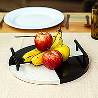 Marble tray, 'Magnificent Treats' - Checkerboard Black and White Marble Tray with Black Handles