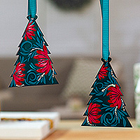 Wood ornaments, 'Eve Pines' (pair) - Hand-Painted Pine-Shaped Green and Red Wood Ornament Pair