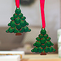 Wood ornaments, 'Evergreen Christmas' (pair) - Nature-Themed Christmas Tree-Shaped Green Wood Ornament Pair