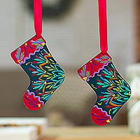 Wood ornaments, 'Holiday Gifts' (pair) - Holiday-Themed Painted Wood Christmas Stocking Ornament Pair