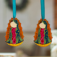 Wood ornaments, 'Merry Guadalupe' (pair) - Pair of Hand-Painted Guadalupe Wood Ornaments from Mexico