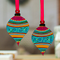 Wood ornaments, 'Spinning Celebration' (pair) - Classic Hand-Painted Spinning Top Wood Ornaments from Mexico