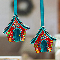 Wood ornaments, 'Enchanted Home' (pair) - Mexican-Made Hand-Painted Teal and Red Wood Ornament Pair