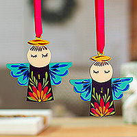 Wood ornaments, 'Angelic Time' (pair) - Handmade Angel-Themed Wood Ornament Pair with Nylon Ribbons