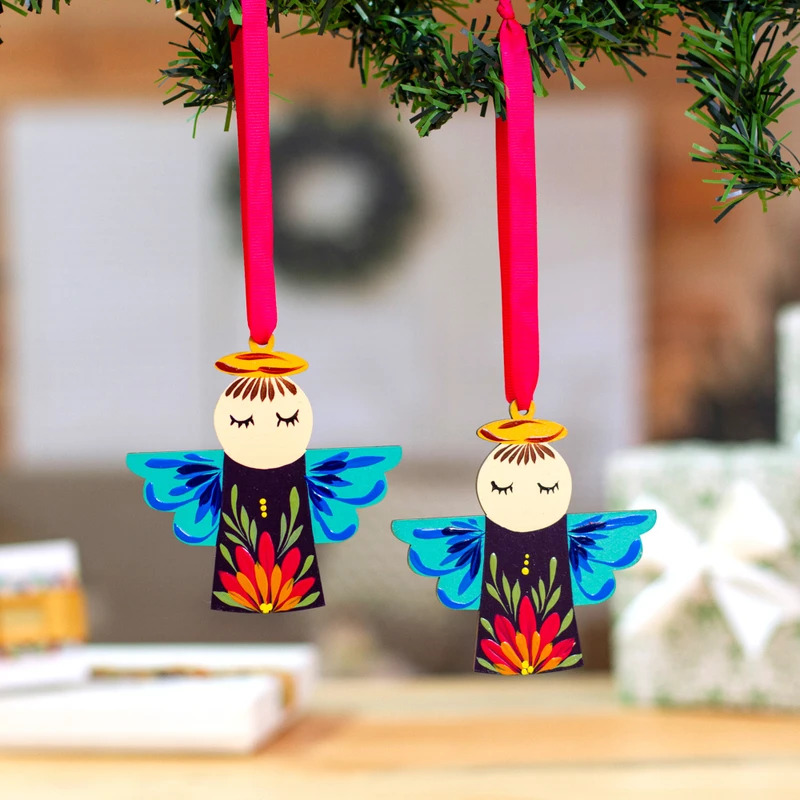Handmade Angel-Themed Wood Ornament Pair with Nylon Ribbons - Angelic ...
