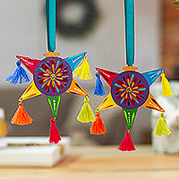 Wood ornaments, 'Eternal Celebration' (pair) - Pair of Traditional Piñata-Shaped Painted Wood Ornaments