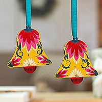 Wood ornaments, 'Classic Melody' (pair) - Floral Hand-Painted Yellow and Red Wood Bell Ornament Pair