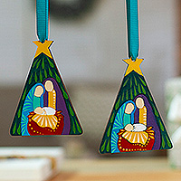 Wood ornaments, 'Petite Miracle' (pair) - Nativity-Themed Pair of Handmade Wood Ornaments from Mexico