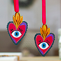 Wood ornaments, 'Divine Glimpse' (pair) - Handmade Divine Eye-Themed Hand-Painted Wood Ornament Pair