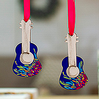 Wood ornaments, 'Little Tunes' (pair) - Music-Themed Pair of Hand-Painted Blue Wood Guitar Ornaments