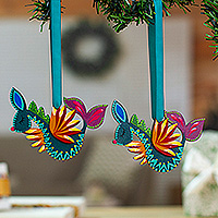 Wood alebrije ornaments, 'Whimsical Ocean' (pair) - Alebrije-Themed Hand-Painted Wood Seahorse Ornament Pair