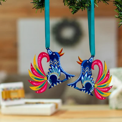 Wood alebrije ornaments, 'Dreamy Coyote' (pair) - Folk Art Alebrije-Themed Coyote-Shaped Wood Ornament Pair