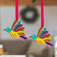 Wood ornaments, 'Paradise Feathers' (pair) - Hand-Painted Multicolor Wood Bird Ornament Pair with Ribbons