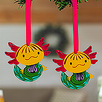 Wood ornaments, 'Aquatic Cuteness' (pair) - Artisan-Made Axolotl-Shaped Hand-Painted Wood Ornament Pair