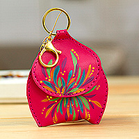 Hand-painted coin purse keychain, 'Fuchsia Coins' - Floral Hand-Painted Fuchsia Faux Leather Coin Purse Keychain