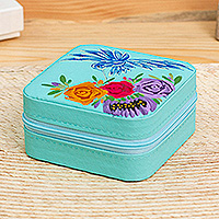 Hand-painted jewelry box, 'Mint Paradise' - Floral Hand-Painted Mint Green Faux Leather Jewelry Box