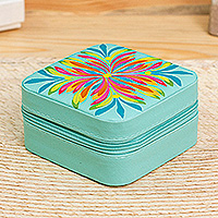 Hand-painted jewelry box, 'Aloe Spring' - Spring-Themed Aloe Faux Leather Jewelry Box Made in Mexico