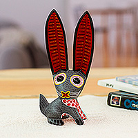 Wood alebrije figurine, 'Grey Ears' - Hand-Painted Alebrije-Themed Grey Copal Wood Bunny Figurine