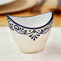 Talavera ceramic condiment bowl, 'Blue Customs' (small) - Small-Sized Talavera Ceramic Ivory and Blue Condiment Bowl