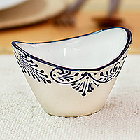 Talavera ceramic condiment bowl, 'Blue Customs' (medium) - Medium-Sized Talavera Ivory and Blue Ceramic Condiment Bowl